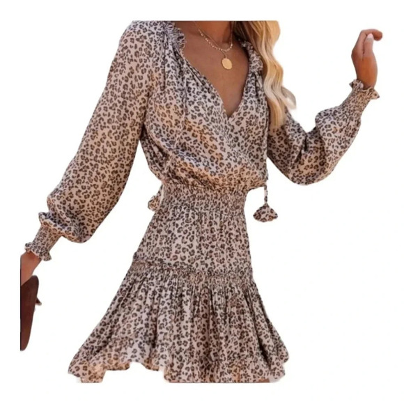 Skylar & Madison Brown Animal‎ Print Leopard Small Mini Ruffled Dress - Picture 2 of 6